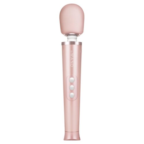 Le Wand Petite Wand Vibrator in gold, features a rounded head and control buttons
