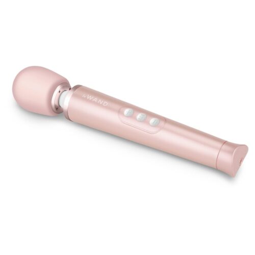 Le Wand Petite Wand Vibrator in gold, features a soft head and control buttons