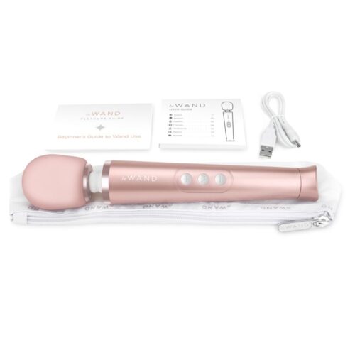 Le Wand Petite Wand Vibrator in gold, user guides, and USB charging cable