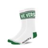 White socks with green 'VERS' lettering