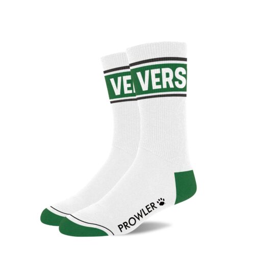 White socks with green 'VERS' lettering