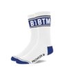 White socks with blue 'BTBM' lettering