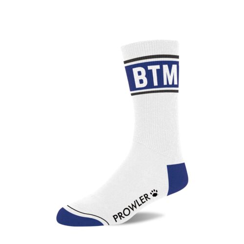 White sock with blue accents and 'BTM' text