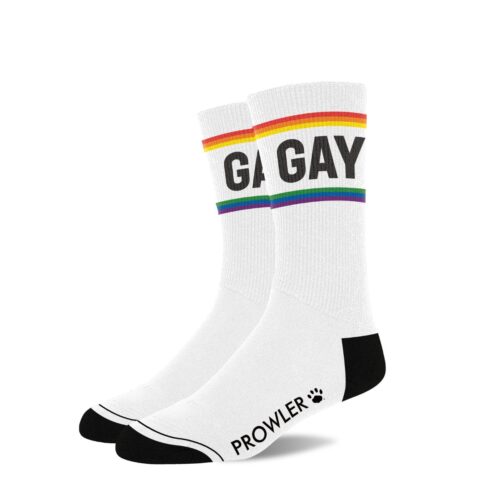 Socks with 'GAY' text and rainbow stripes