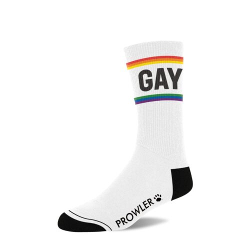 White socks with 'GAY' in bold black letters and rainbow stripes