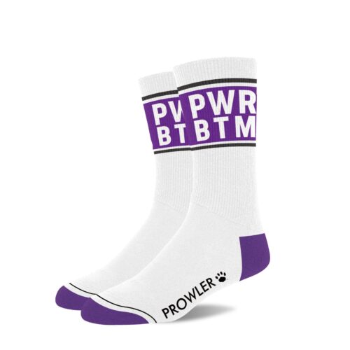White socks with purple 'PWR BTBM' text