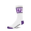 White sock with purple 'PWR BTM' text and logo