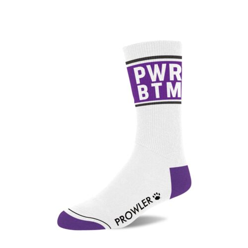 White sock with purple 'PWR BTM' text and logo