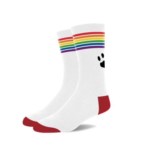 White socks with rainbow stripes and a paw print