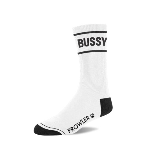 White sock with 'Bussy' text, featuring black accents at the top and bottom