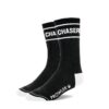 Black socks with white text 'CHASER' and logo