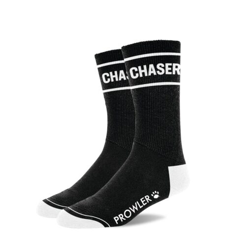 Black socks with white text 'CHASER' and logo