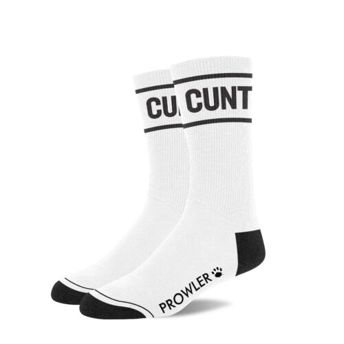 Make A Bold Statement With These Unique Socks, Perfect For Adding Flair To Any Outfit. White Socks With Black Lettering 'Cunt' On The Cuffs, Available At The Loving Company.
