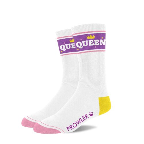 White socks with purple 'QUEEN' text and crown design