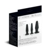 Product packaging with three black PVC items, sizes labeled