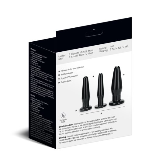 Product packaging with three black PVC items, sizes labeled