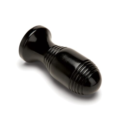 A black adult toy with a ribbed texture and rounded top