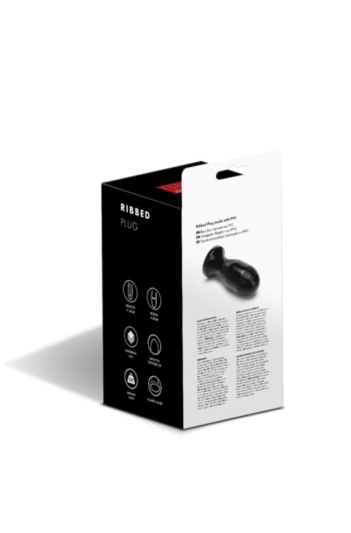 Black box labeled 'Ribbed Plug' with product details