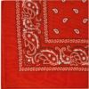 A red bandana with white paisley designs