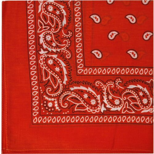 A red bandana with white paisley designs
