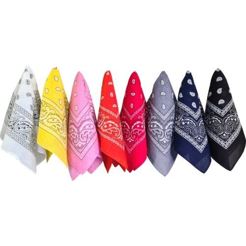 Colorful bandanas in shades of white, yellow, pink, red, gray, blue, and black