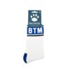 White socks with blue 'BTM' text