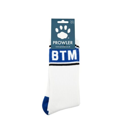 White socks with blue 'BTM' text