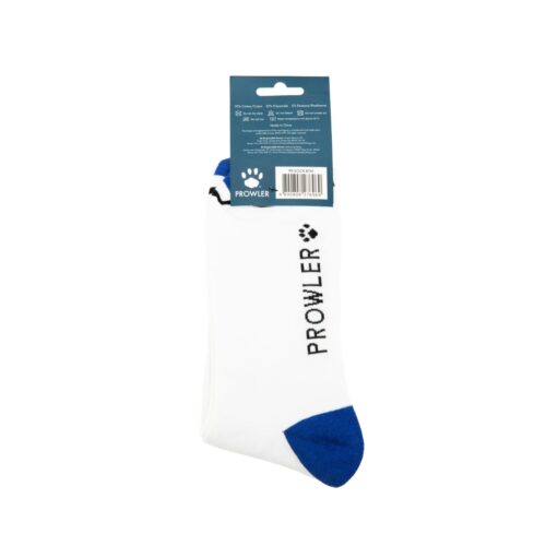 White socks with blue toe and black 'PROWLER' logo