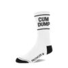 White socks with 'CUM DUMP' printed in black