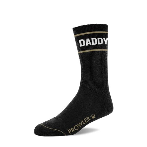 Black sock with 'DADDY' printed on it
