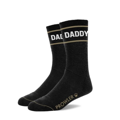 Black socks with white lettering 'DADDY'