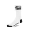 White socks with 'DISCREET' printed in black