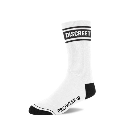 White socks with 'DISCREET' printed in black