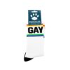 White socks with the word 'GAY' and rainbow stripes