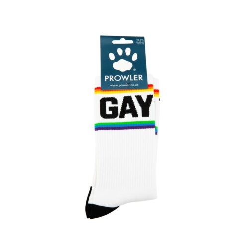 White socks with the word 'GAY' and rainbow stripes