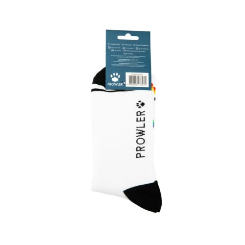 Prowler gay pride socks, featuring black and rainbow accents on a white background