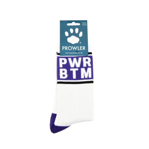 Socks with 'PWR BTM' in purple