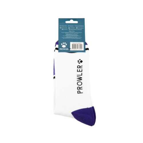 White socks with purple and black accents