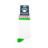 White socks with green heel and pink 'QUEER' text