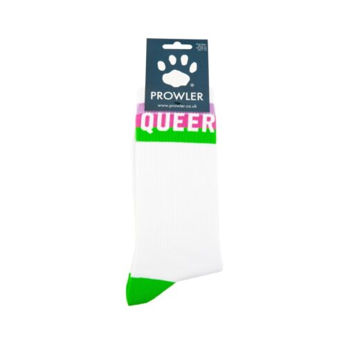 White socks with green heel and pink 'QUEER' text