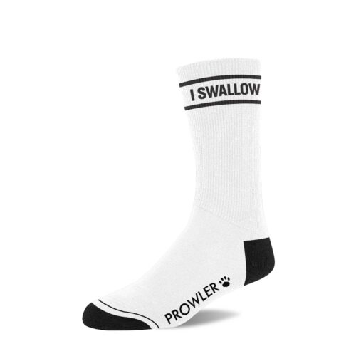 White sock with 'I SWALLOW' on the cuff