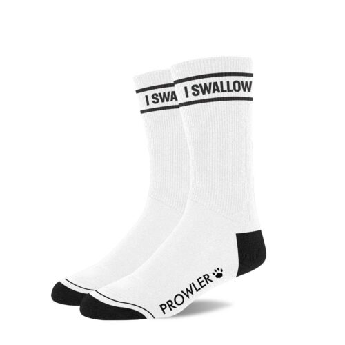 White socks with 'I SWALLOW' on the cuff