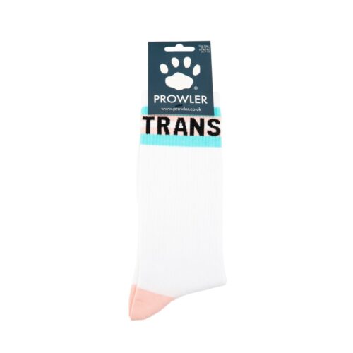 White socks with 'TRANS' in black and turquoise