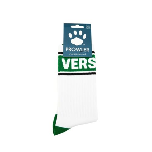 White socks with green 'VERS' lettering and black stripes
