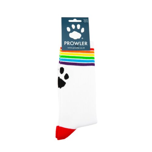 Colorful striped socks with a paw print
