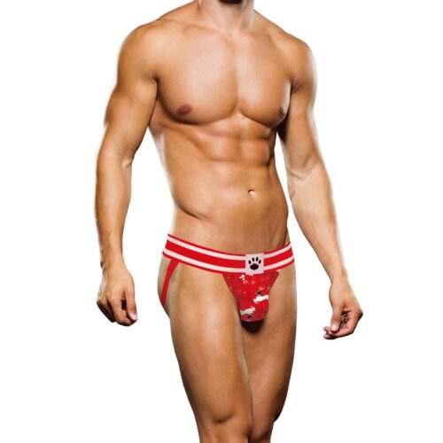 Muscular man in red reindeer-patterned underwear