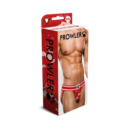 Red jockstrap packaging featuring a model's torso