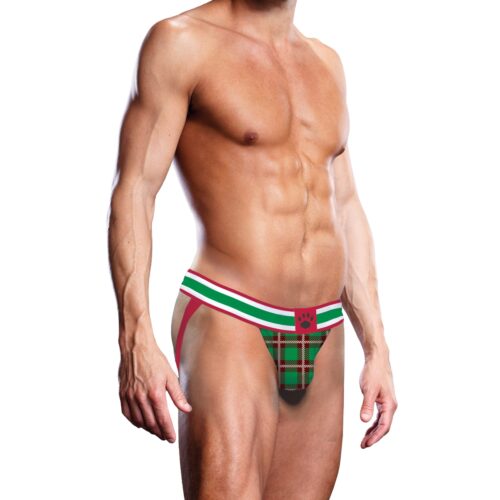 Man wearing a plaid thong with a festive waistband