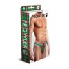 Jockstrap packaging with a tartan design, male model visible