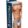 White thong with blue stripes on a model's body